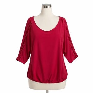 Perceptions Women blouse raspberry red scoop neck lattice sleeve elastic hem  1X